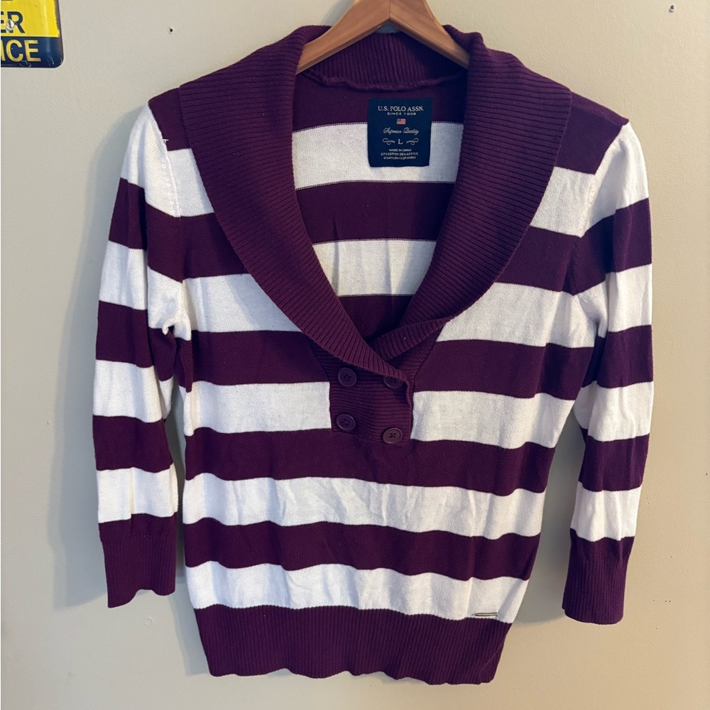 U.S. Polo Assn. Purple and White Striped Shawl-Collar Sweater